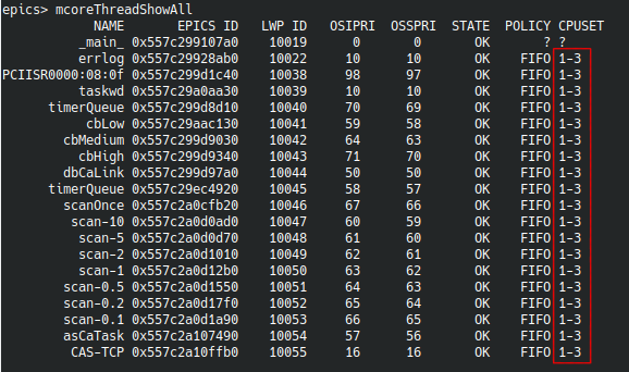 Example output of "mcoreThreadShowAll"