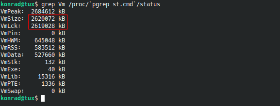 Example output of "grep Vm /proc/`pgrep st.cmd`/status"