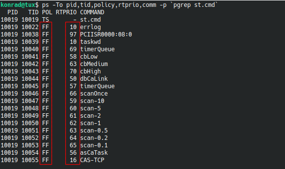 Example output of "ps -To pid,tid,policy,rtprio,comm -p `pgrep st.cmd`"